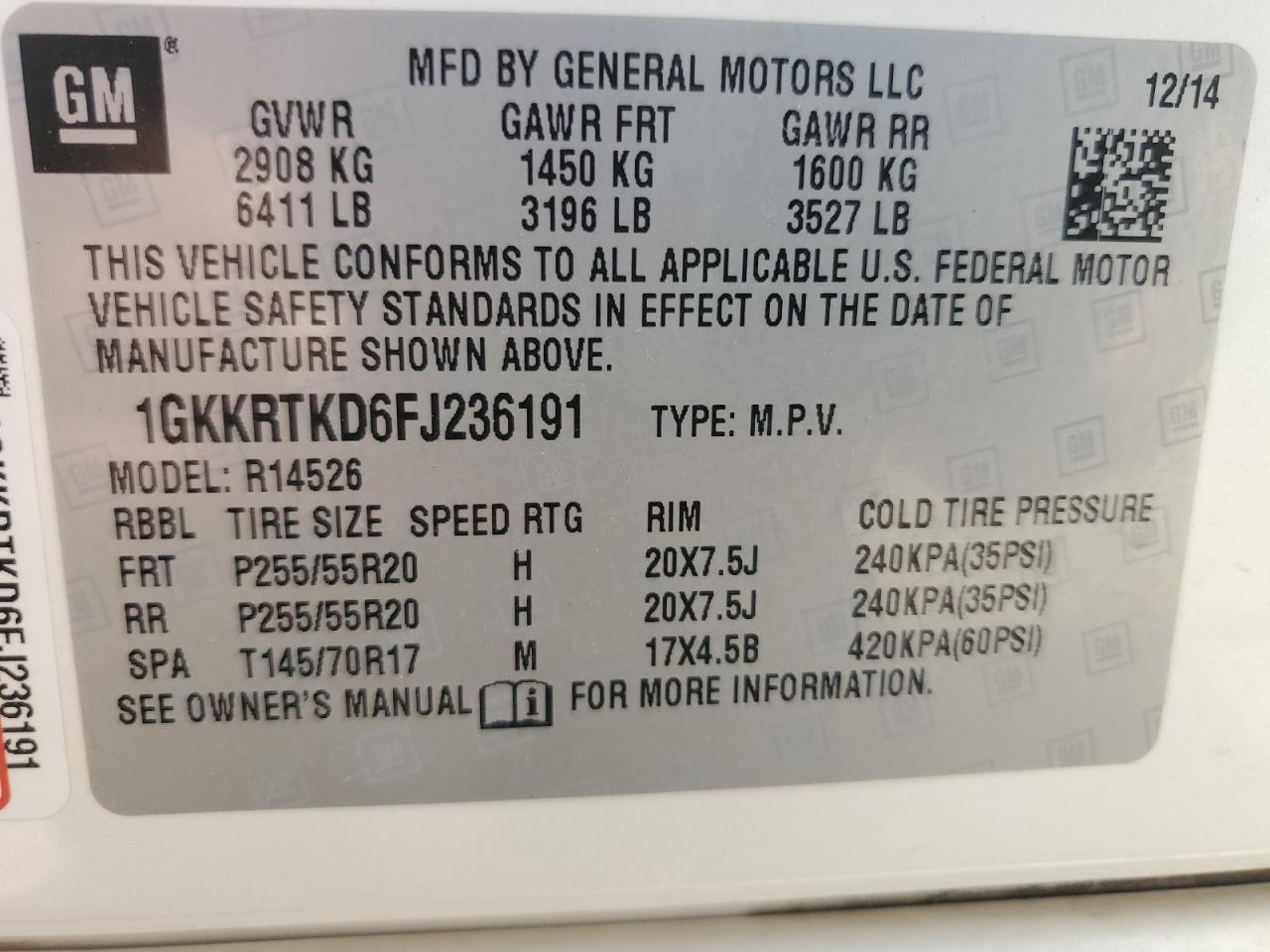 2015 GMC Acadia VIN 1GKKRTKD6FJ236191 Copart auction photo, side / minor dent/scratches damage thumbnail 14