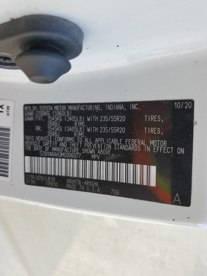 2021 Toyota Highlander VIN 5TDYARAH3MS006077 Copart auction photo, front end / side damage thumbnail 15