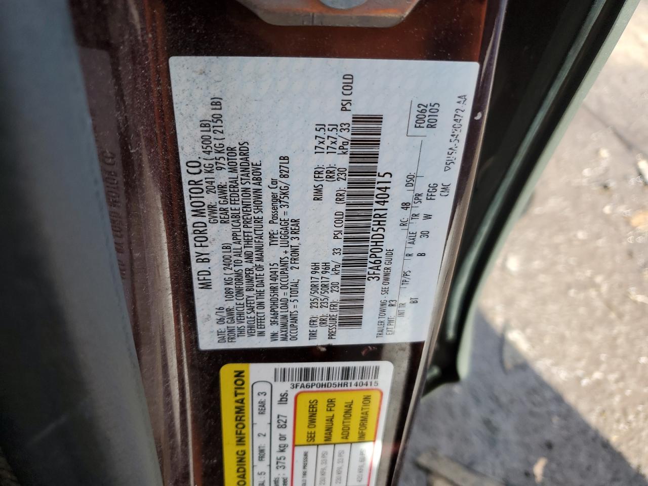 2017 Ford Fusion VIN 3FA6P0HD5HR140415 Copart auction photo, front end damage thumbnail 14