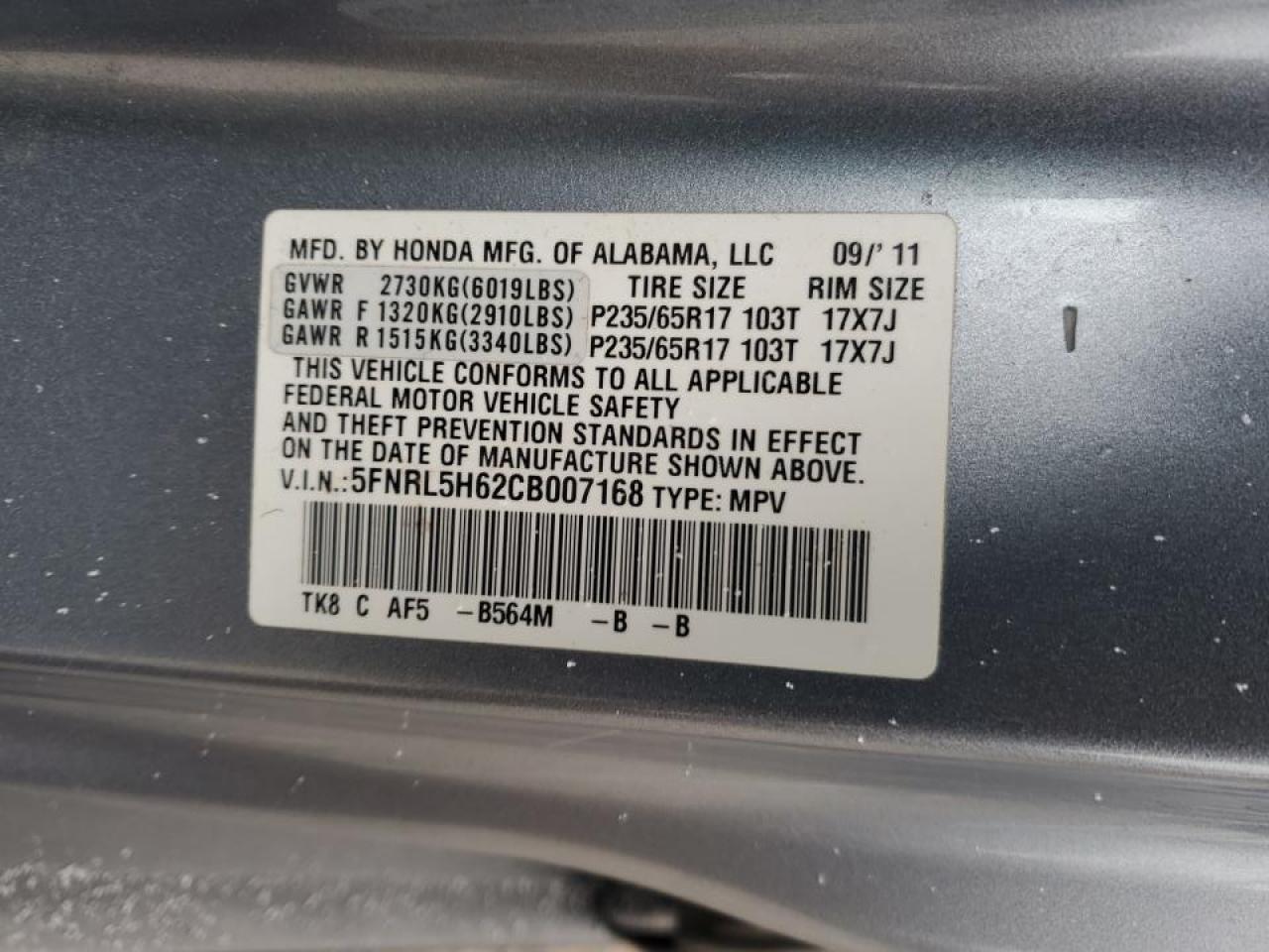 2012 Honda Odyssey VIN 5FNRL5H62CB007168 Copart auction photo, front end damage thumbnail 13