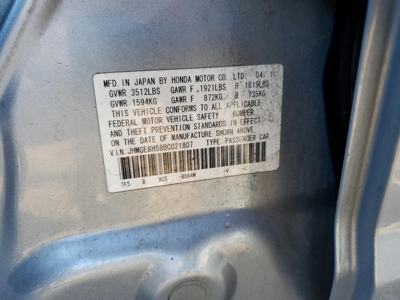 2011 Honda Fit VIN JHMGE8H58BC021807 Copart auction photo, front end / side damage thumbnail 12