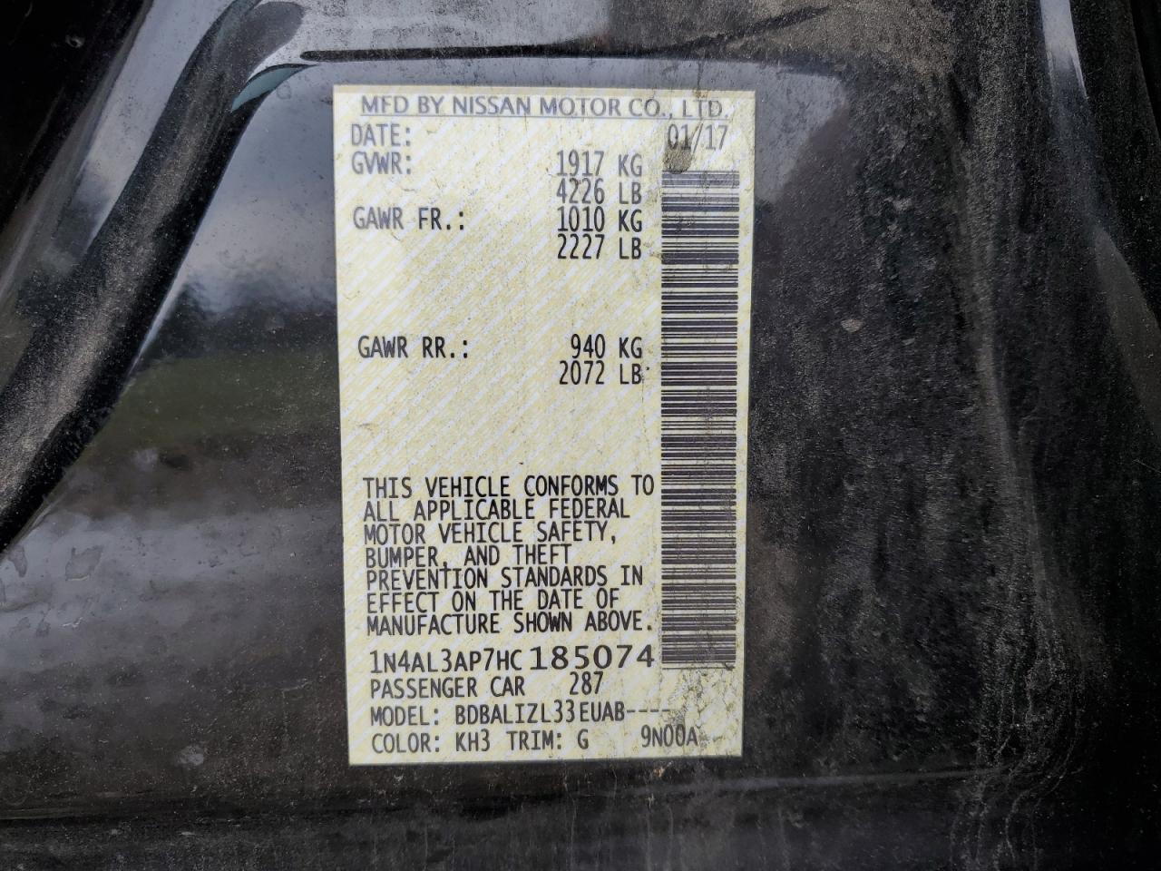 2017 Nissan Altima VIN 1N4AL3AP7HC185074 Copart auction photo, front end / minor dent/scratches damage thumbnail 12