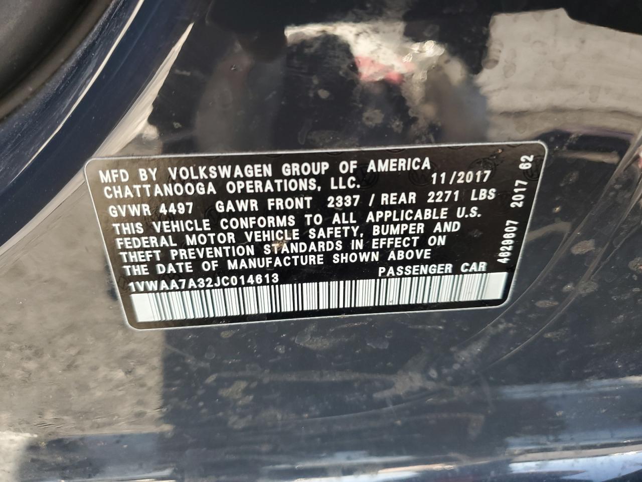 2018 Volkswagen Passat VIN 1VWAA7A32JC014613 Copart auction photo, rear end / front end damage thumbnail 14