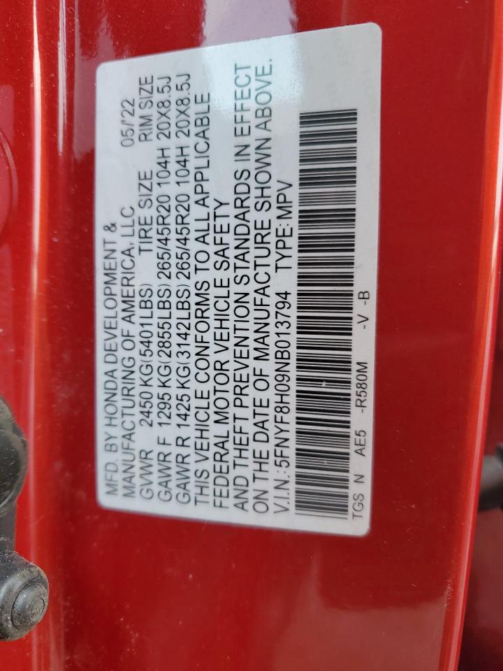 2022 Honda Passport VIN 5FNYF8H09NB013794 Copart auction photo, front end / side damage thumbnail 14