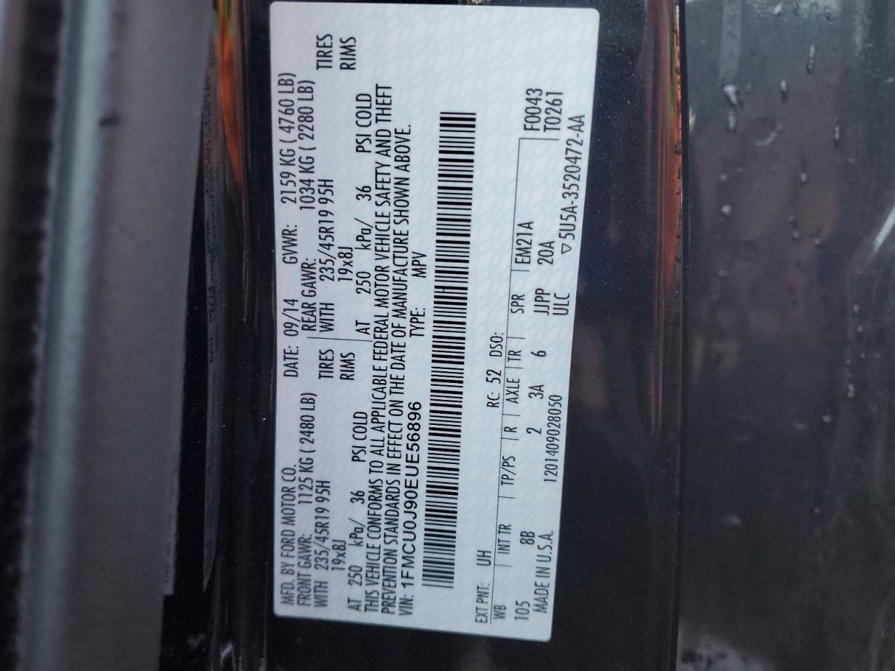 2014 Ford Escape VIN 1FMCU0J90EUE56896 Copart auction photo, undercarriage damage thumbnail 13