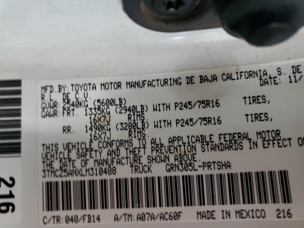 2020 Toyota Tacoma VIN 3TMCZ5ANXLM310488 Copart auction photo, front end / rear end damage thumbnail 13