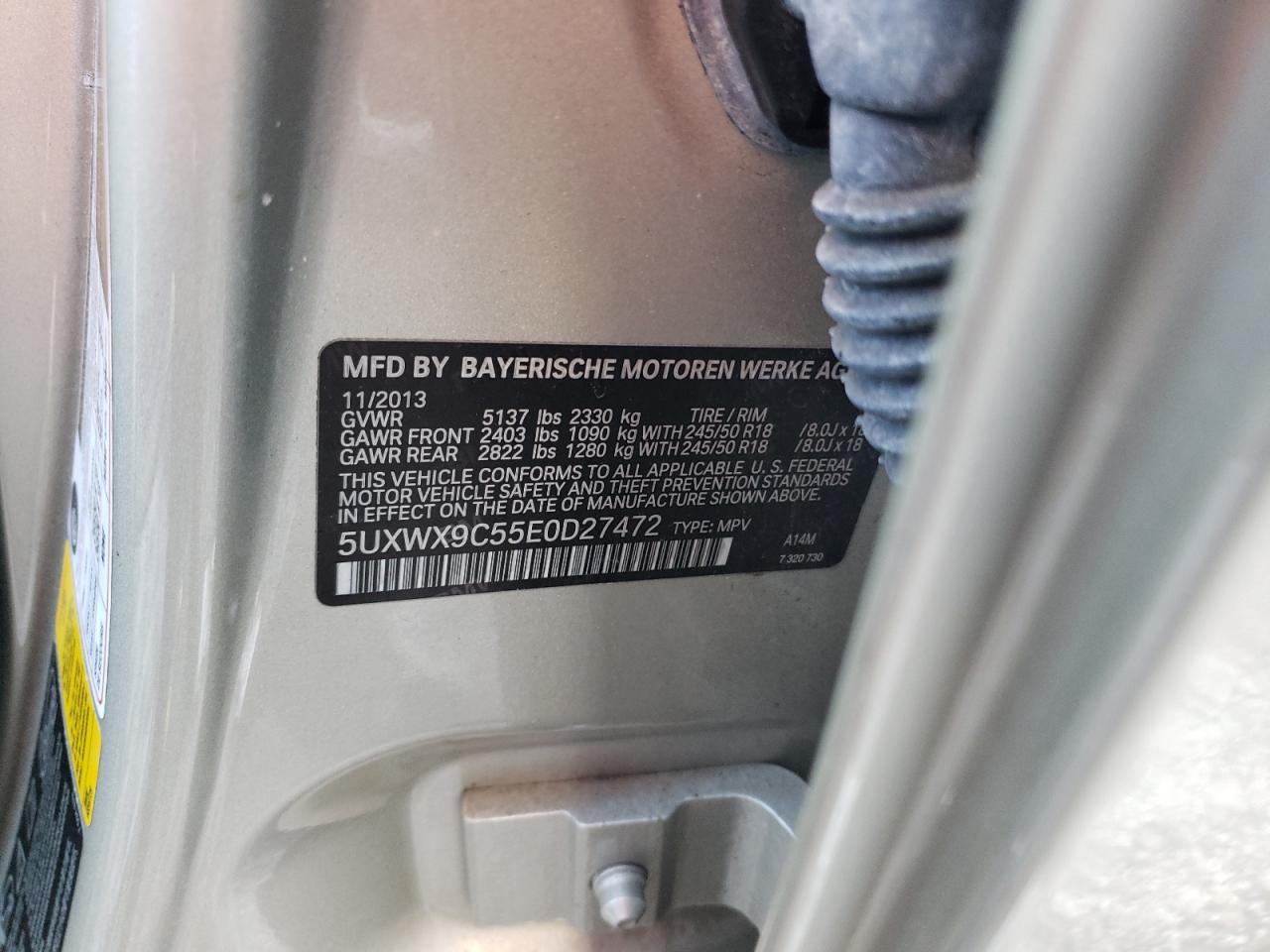 2014 BMW X3 VIN 5UXWX9C55E0D27472 Copart auction photo, rear end damage thumbnail 13