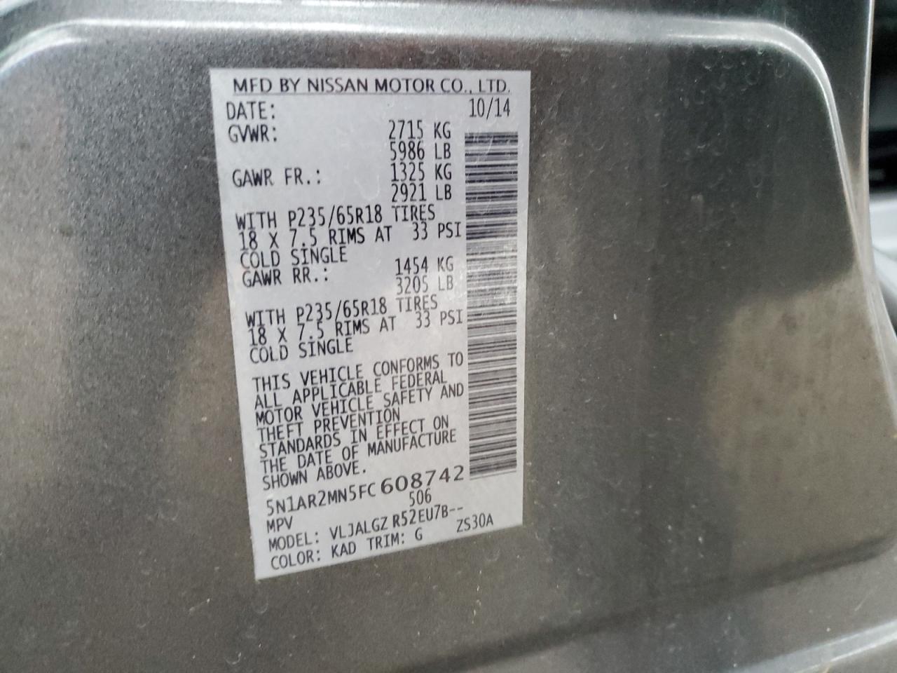2015 Nissan Pathfinder VIN 5N1AR2MN5FC608742 Copart auction photo, all over damage thumbnail 14