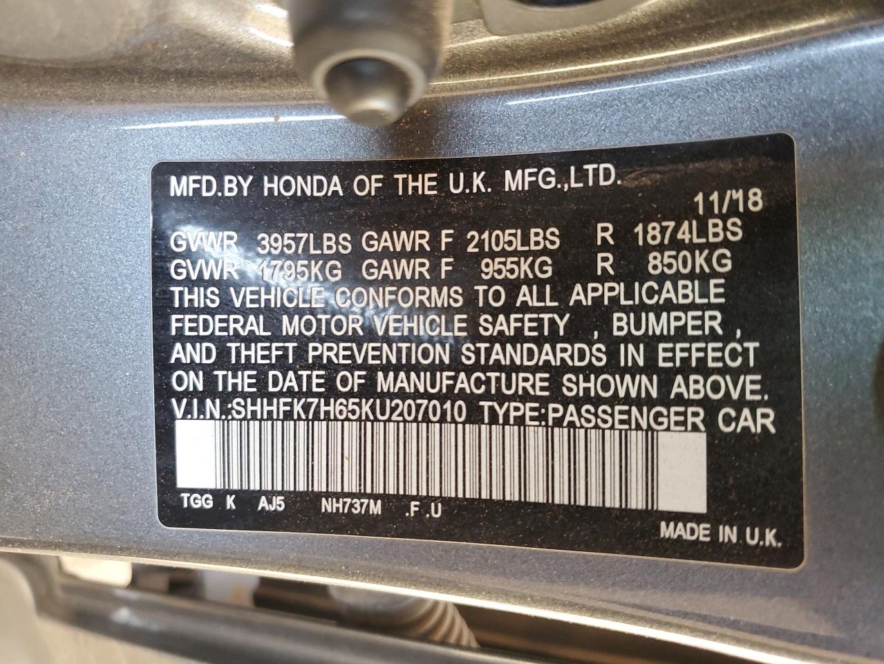 2019 Honda Civic VIN SHHFK7H65KU207010 Copart auction photo, side / rear end damage thumbnail 12
