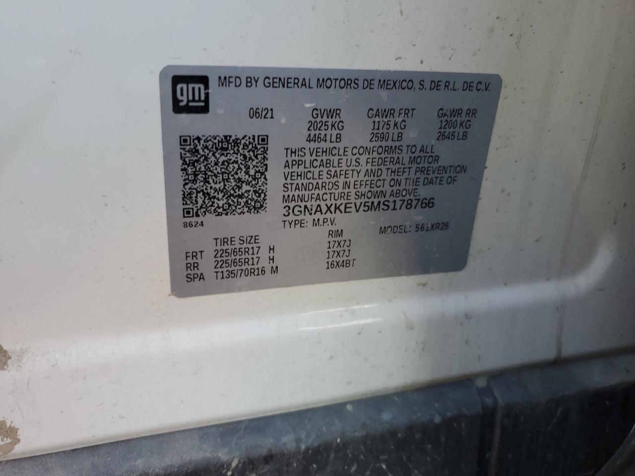2021 Chevrolet Equinox VIN 3GNAXKEV5MS178766 Copart auction photo, front end damage thumbnail 13