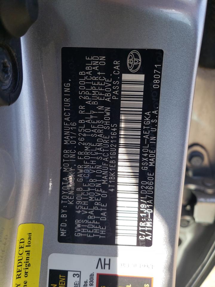 2016 Toyota Avalon VIN 4T1BK1EB1GU211645 Copart auction photo, side damage thumbnail 12