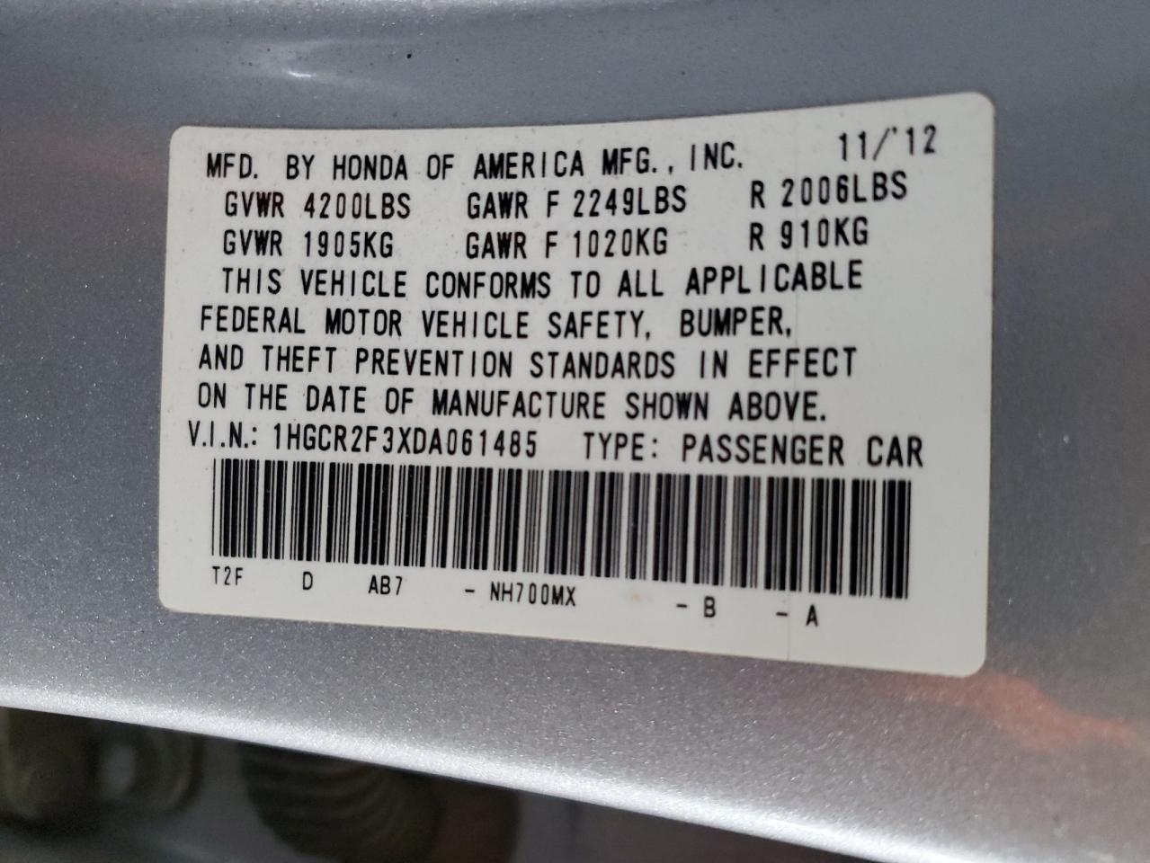 2013 Honda Accord VIN 1HGCR2F3XDA061485 Copart auction photo, front end damage thumbnail 14