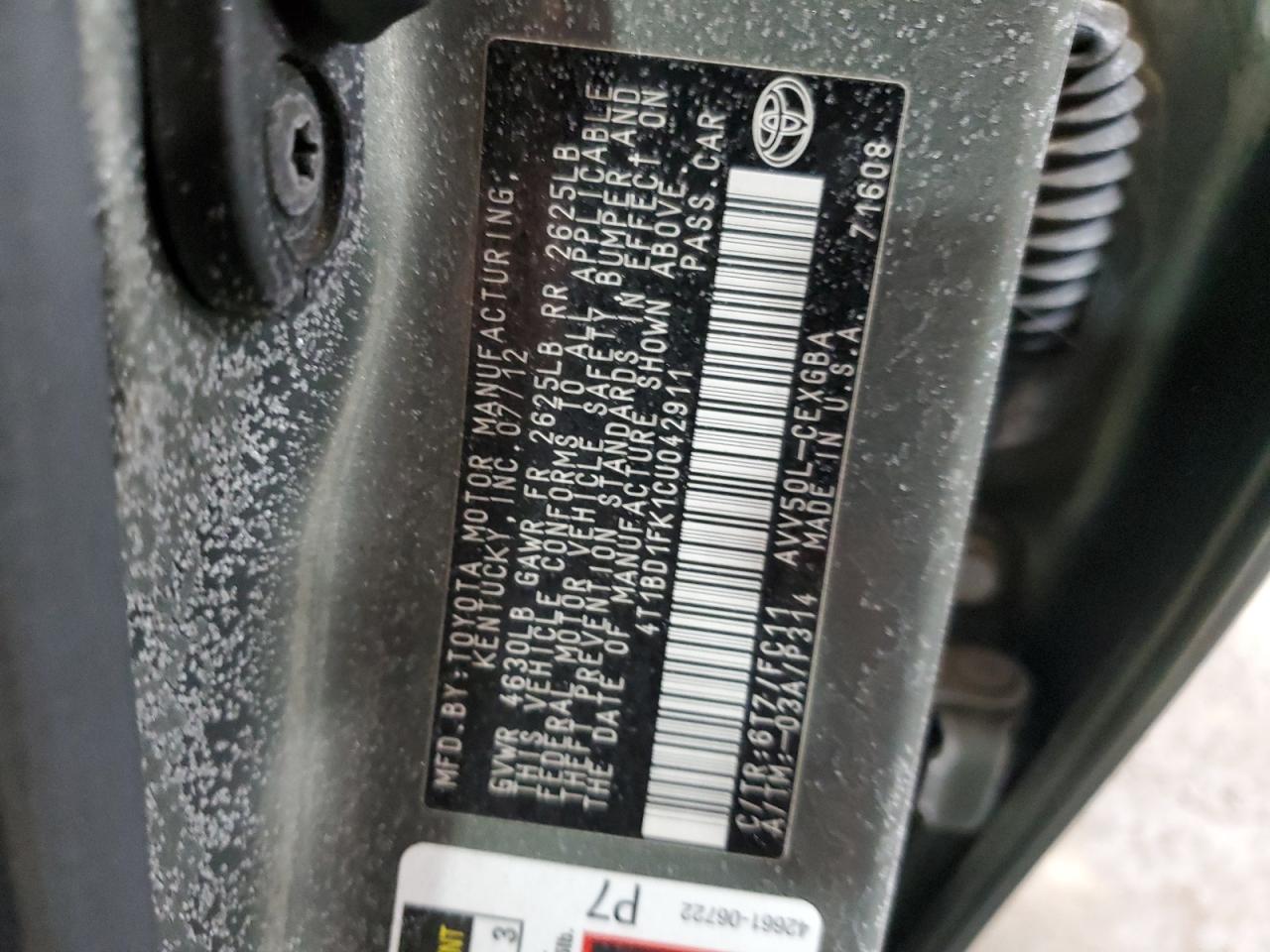 2012 Toyota Camry VIN 4T1BD1FK1CU042911 Copart auction photo, front end damage thumbnail 13