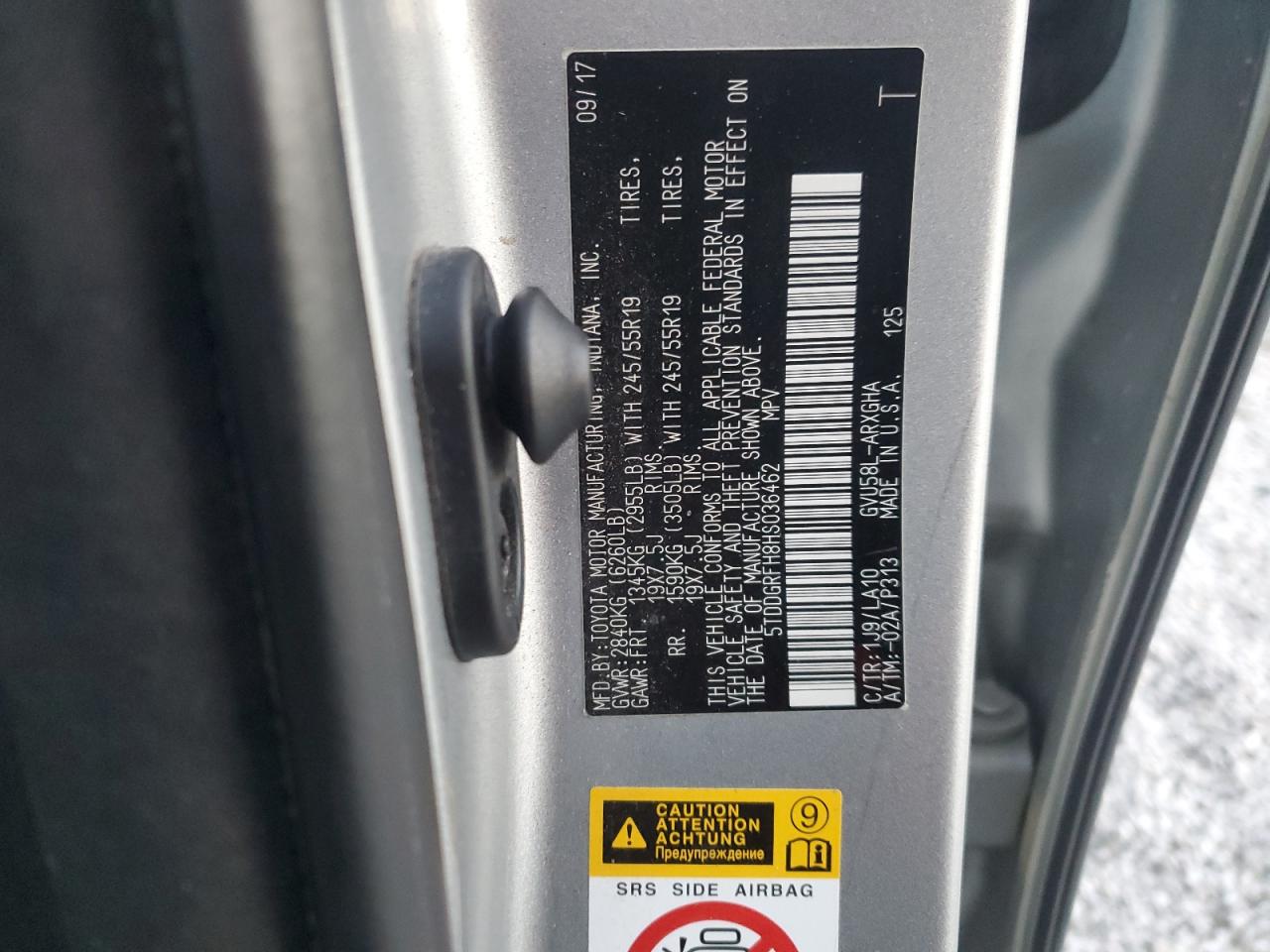 2017 Toyota Highlander VIN 5TDDGRFH8HS036462 Copart auction photo, front end damage thumbnail 15