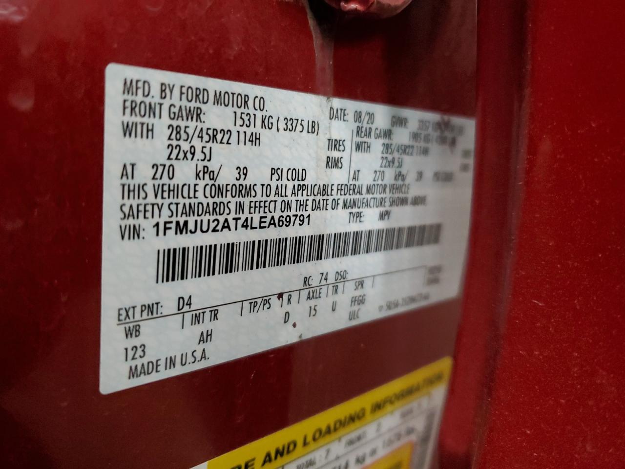 2020 Ford Expedition VIN 1FMJU2AT4LEA69791 Copart auction photo, rear end / minor dent/scratches damage thumbnail 14
