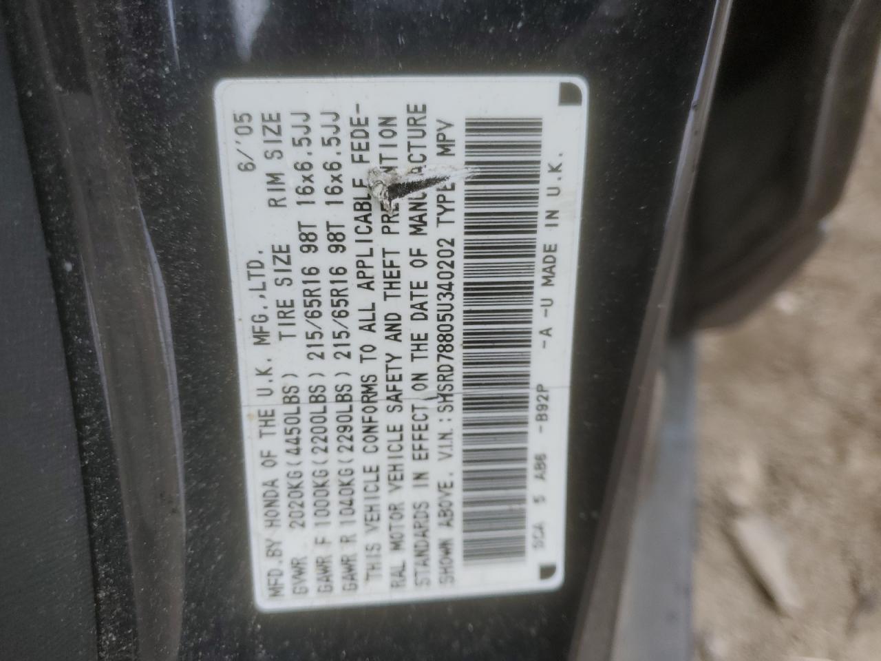 2005 Honda CR-V VIN SHSRD78805U340202 Copart auction photo, front end / side damage thumbnail 16