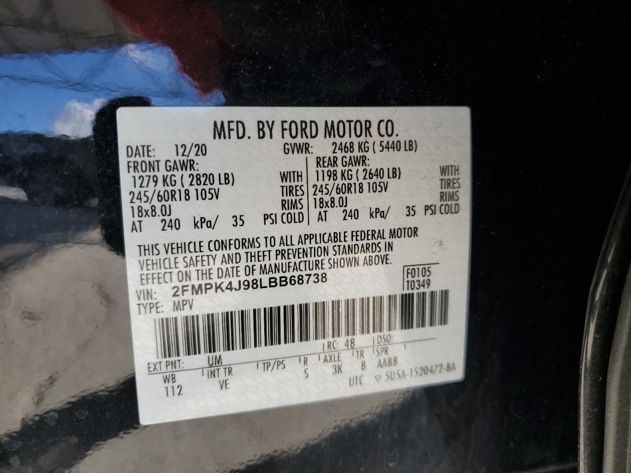 2020 Ford Edge VIN 2FMPK4J98LBB68738 Copart auction photo, all over damage thumbnail 15