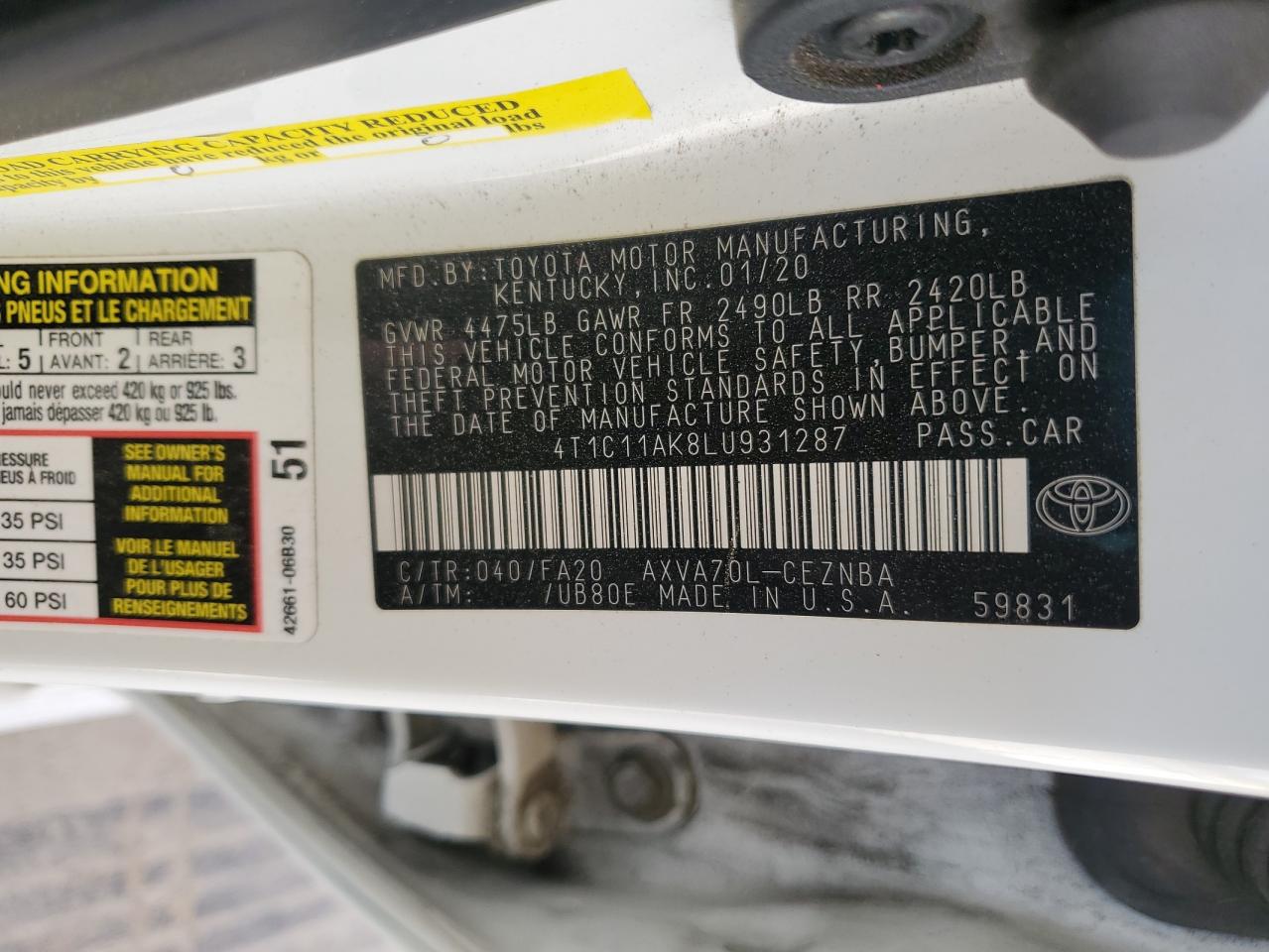 2020 Toyota Camry VIN 4T1C11AK8LU931287 Copart auction photo, front end / side damage thumbnail 12
