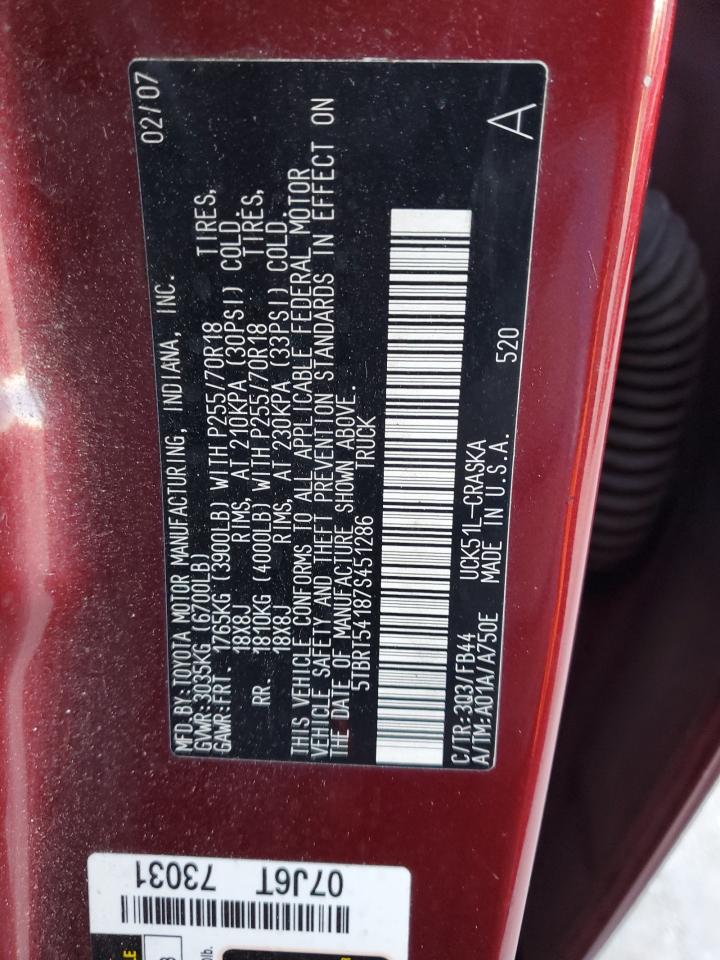 2007 Toyota Tundra VIN 5TBRT54187S451286 Copart auction photo, front end / side damage thumbnail 12