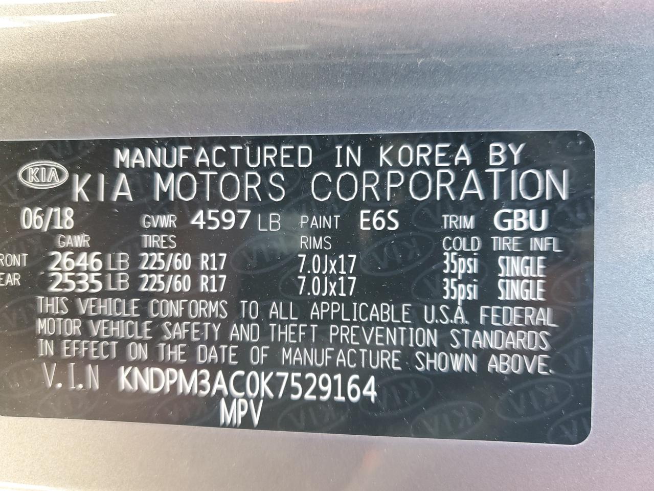 2019 KIA Sportage VIN KNDPM3AC0K7529164 Copart auction photo, vandalism damage thumbnail 13
