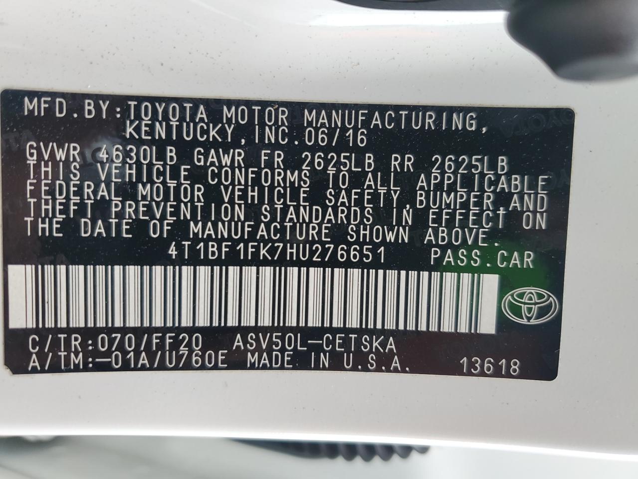 2017 Toyota Camry VIN 4T1BF1FK7HU276651 Copart auction photo, all over damage thumbnail 14