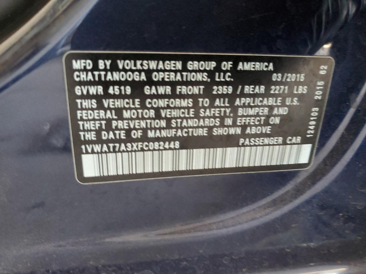 2015 Volkswagen Passat VIN 1VWAT7A3XFC082448 Copart auction photo, rear end damage thumbnail 12