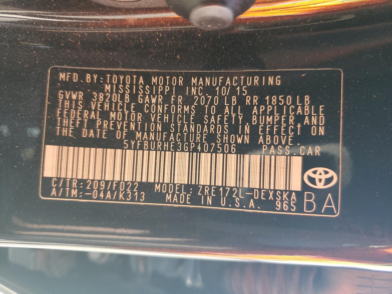 2016 Toyota Corolla VIN 5YFBURHE3GP407506 Copart auction photo, rear end damage thumbnail 12
