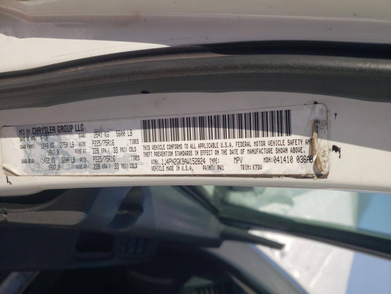 2010 Jeep Liberty (North America) VIN 1J4PN2GK9AW152824 Copart auction photo, side / rear end damage thumbnail 13