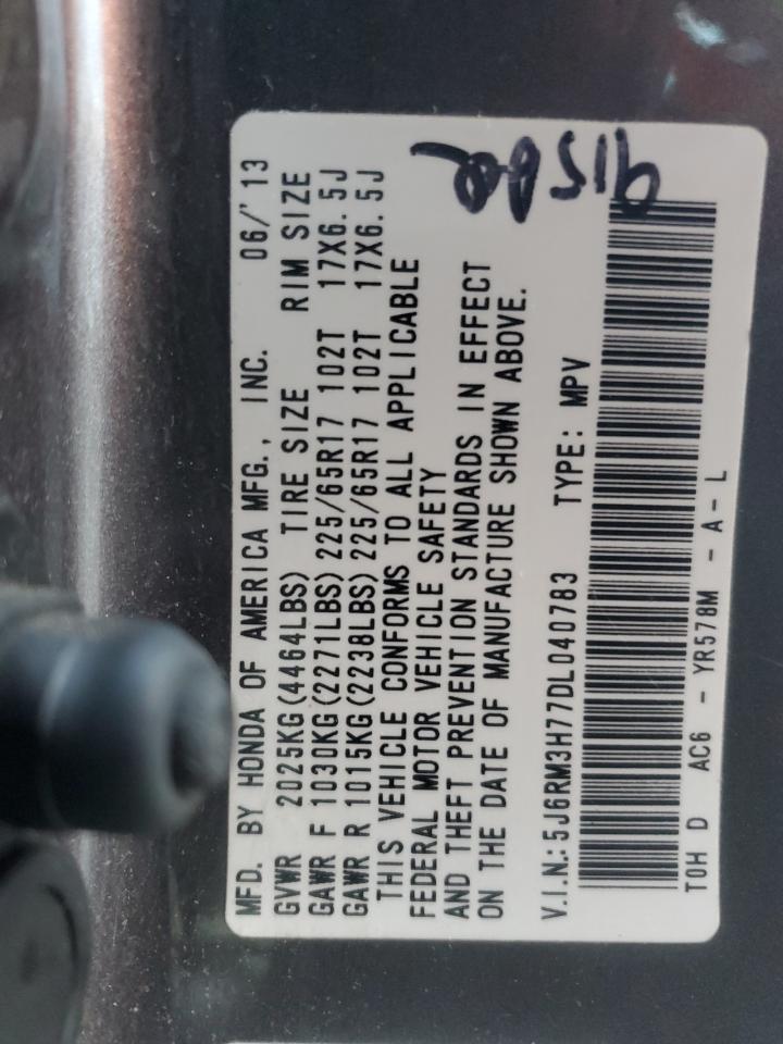2013 Honda CR-V VIN 5J6RM3H77DL040783 Copart auction photo, rear end / side damage thumbnail 13