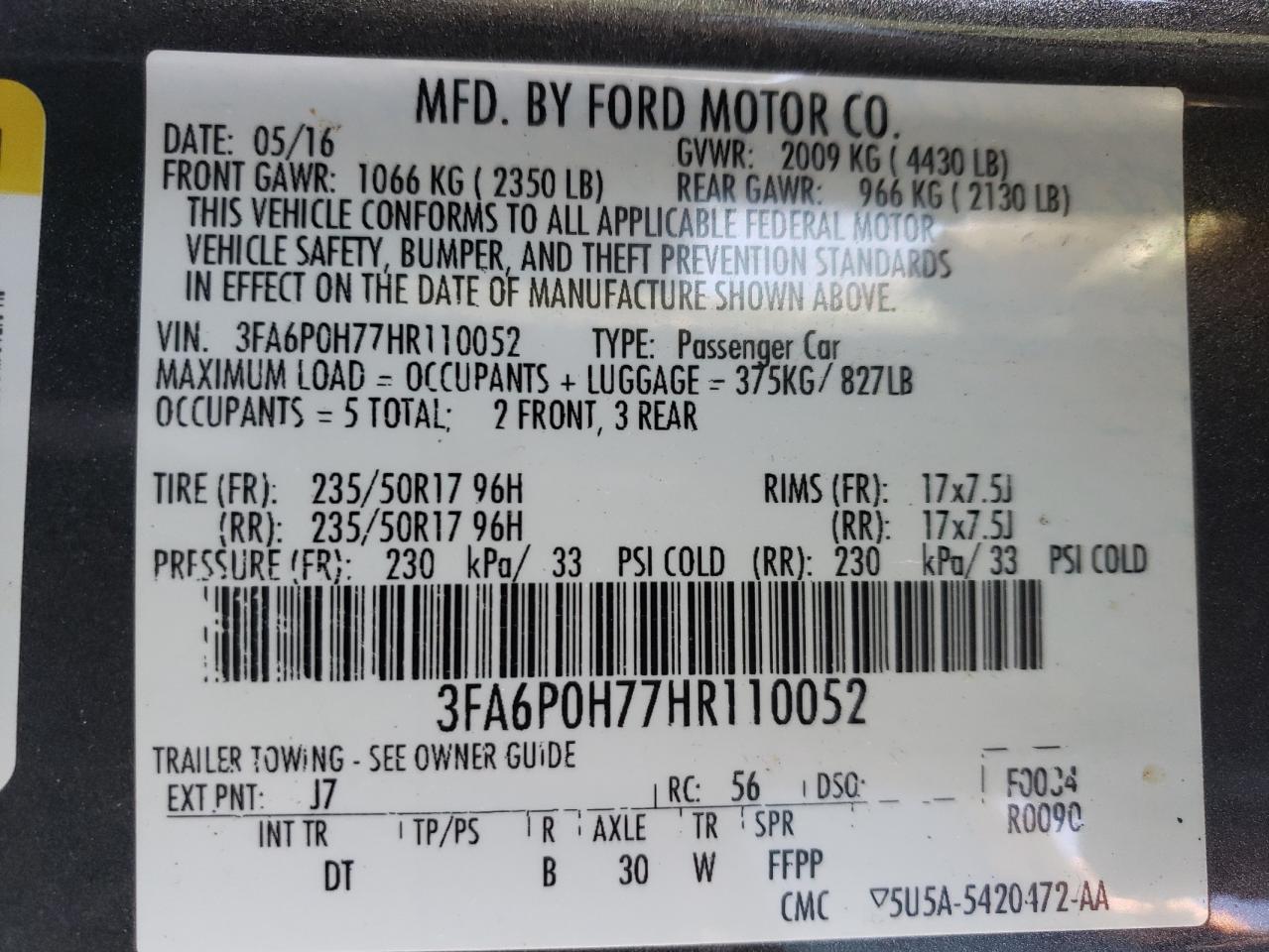 2017 Ford Fusion VIN 3FA6P0H77HR110052 Copart auction photo, front end / side damage thumbnail 14