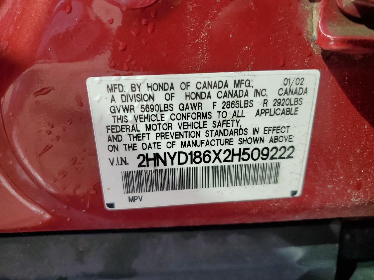 2002 Acura MDX VIN 2HNYD186X2H509222 Copart auction photo, front end / rear end damage thumbnail 13