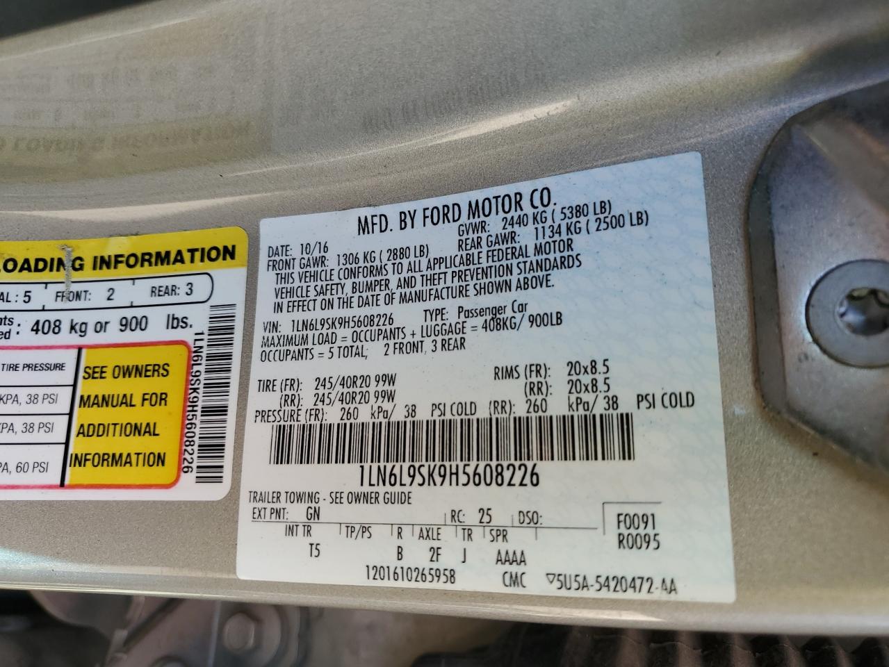 2017 Lincoln Continental VIN 1LN6L9SK9H5608226 Copart auction photo, rear end / minor dent/scratches damage thumbnail 12