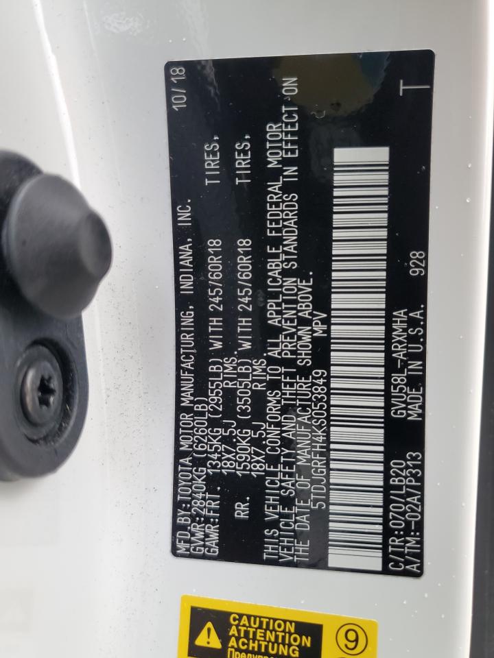 2019 Toyota Highlander VIN 5TDJGRFH4KS053849 Copart auction photo, front end damage thumbnail 14
