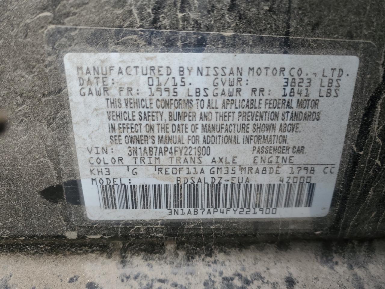 2015 Nissan Sentra VIN 3N1AB7AP4FY221900 Copart auction photo, rear end damage thumbnail 13
