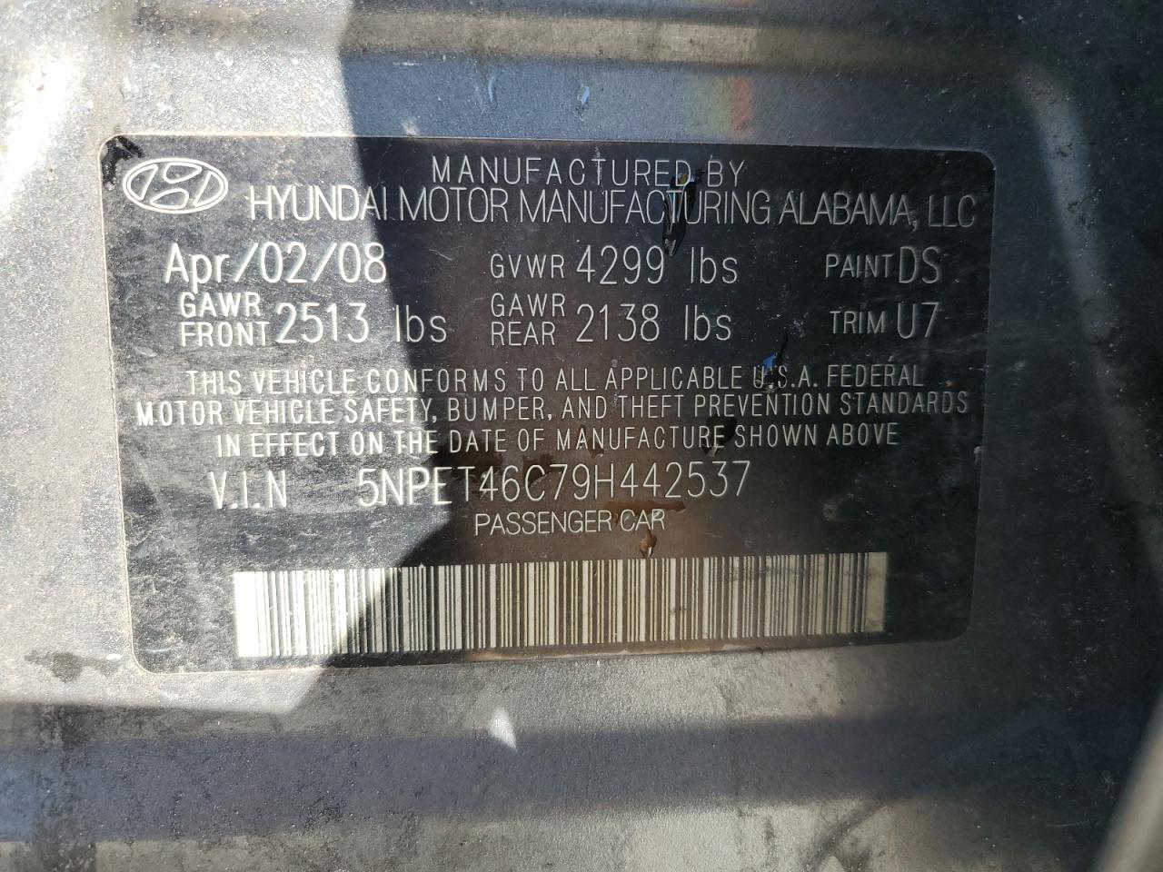 2009 Hyundai Sonata VIN 5NPET46C79H442537 Copart auction photo, front end / side damage thumbnail 13