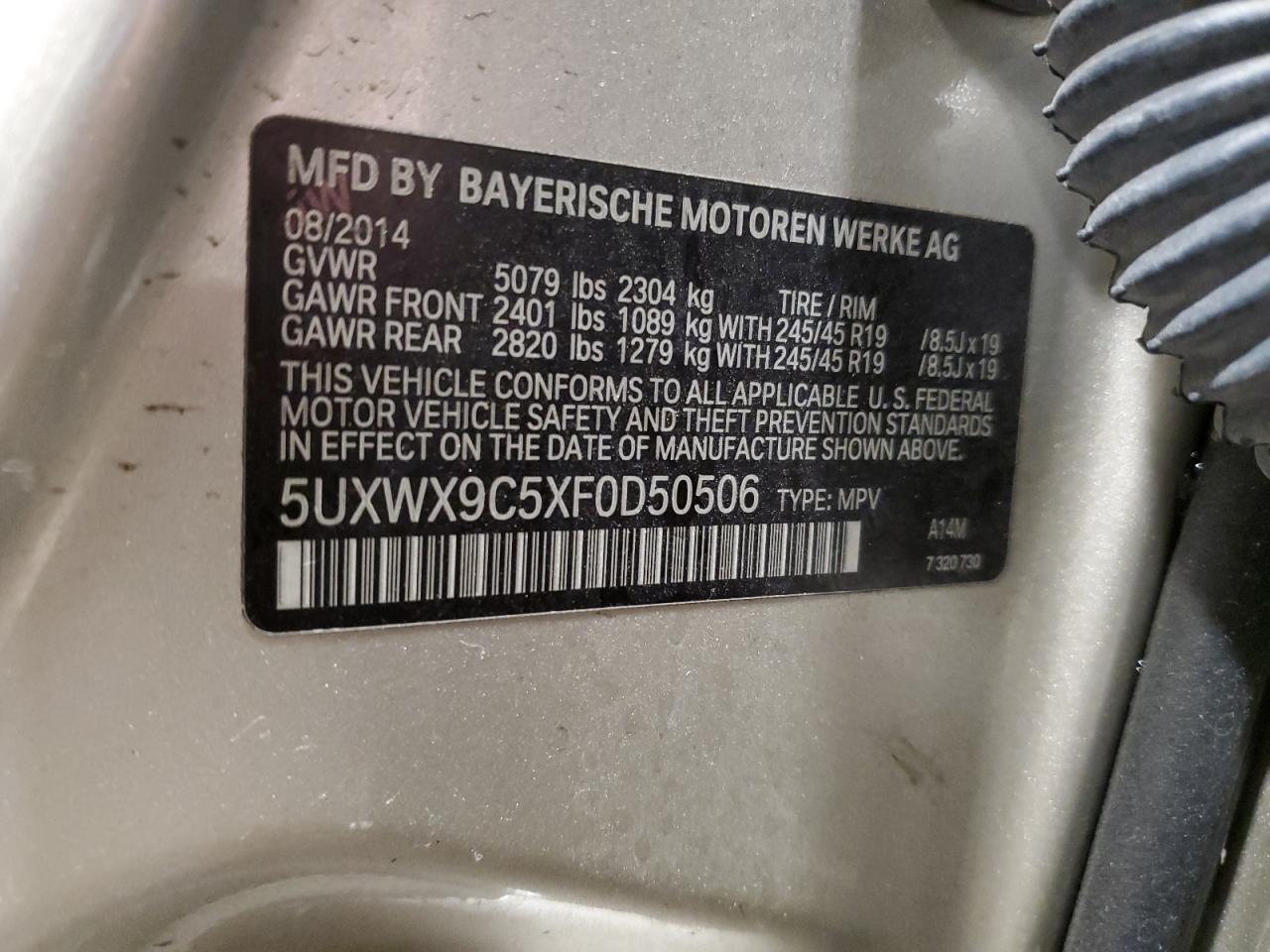 2015 BMW X3 VIN 5UXWX9C5XF0D50506 Copart auction photo, rear end / undercarriage damage thumbnail 13