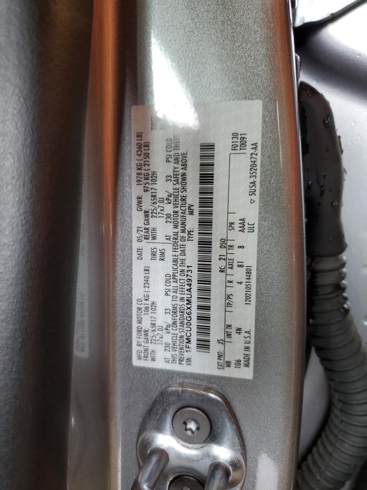 2021 Ford Escape VIN 1FMCU0G6XMUA49731 Copart auction photo, side / front end damage thumbnail 13
