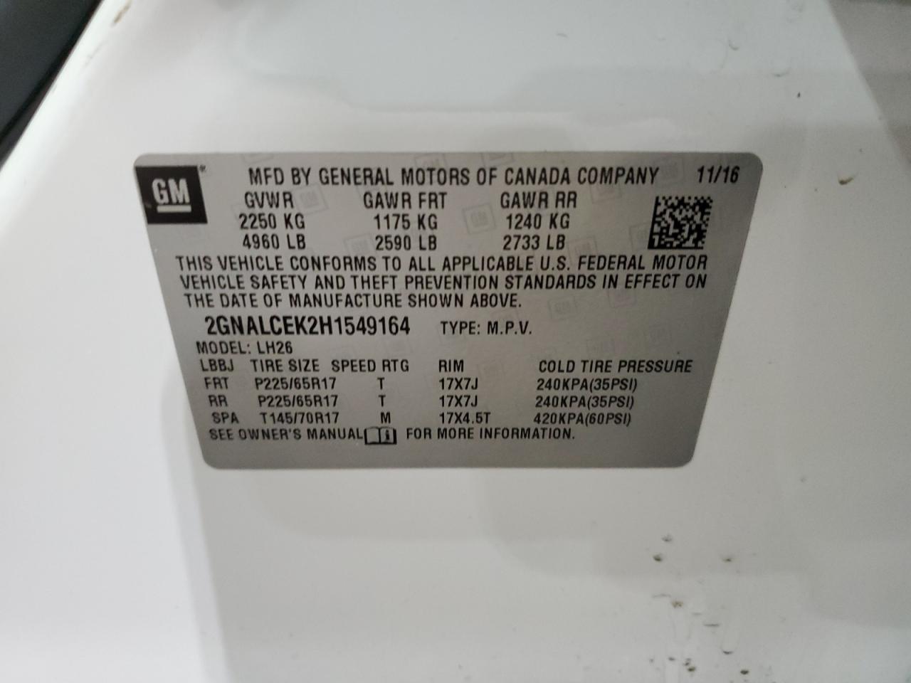 2017 Chevrolet Equinox VIN 2GNALCEK2H1549164 Copart auction photo, mechanical damage thumbnail 13