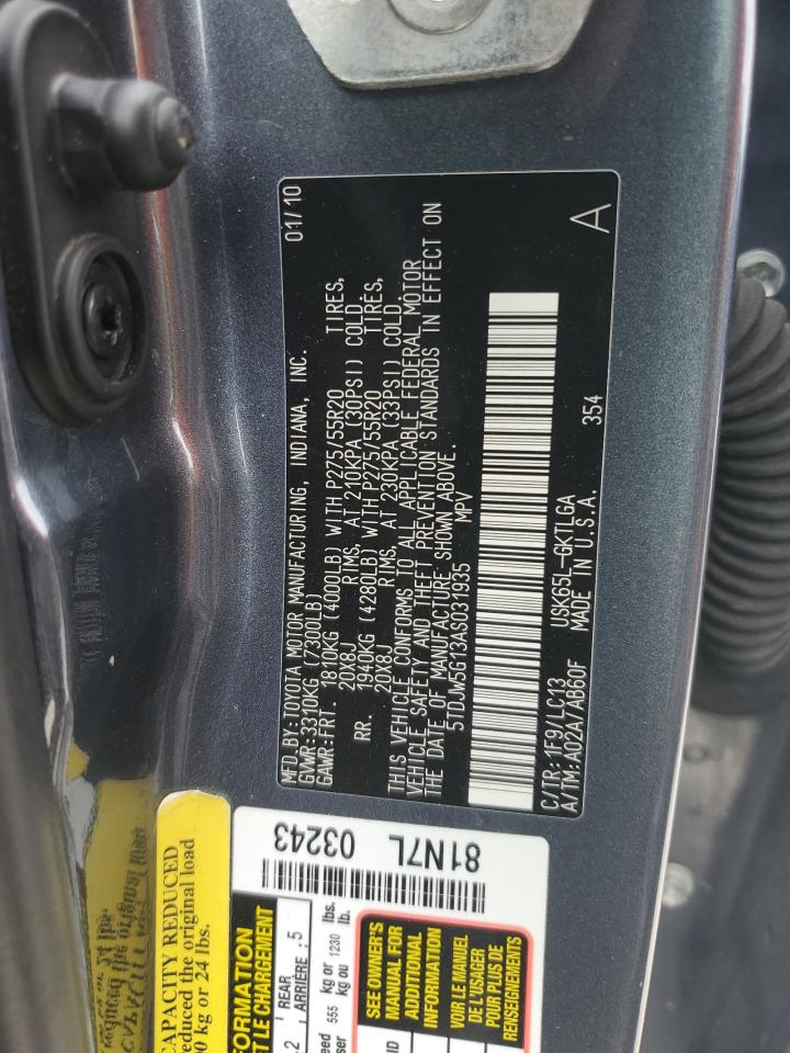 2010 Toyota Sequoia VIN 5TDJW5G13AS031935 Copart auction photo, front end damage thumbnail 13