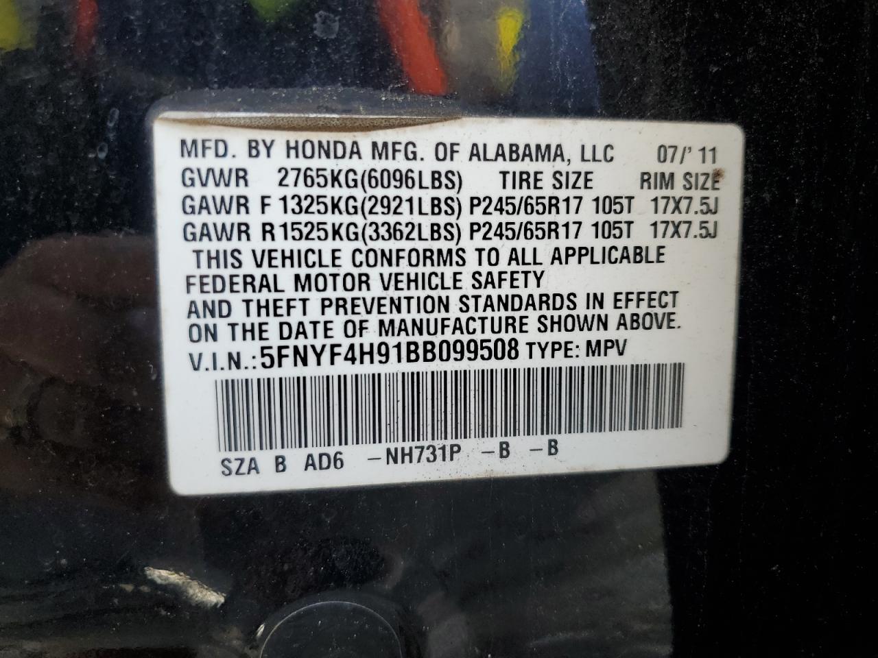 2011 Honda Pilot VIN 5FNYF4H91BB099508 Copart auction photo, side damage thumbnail 13