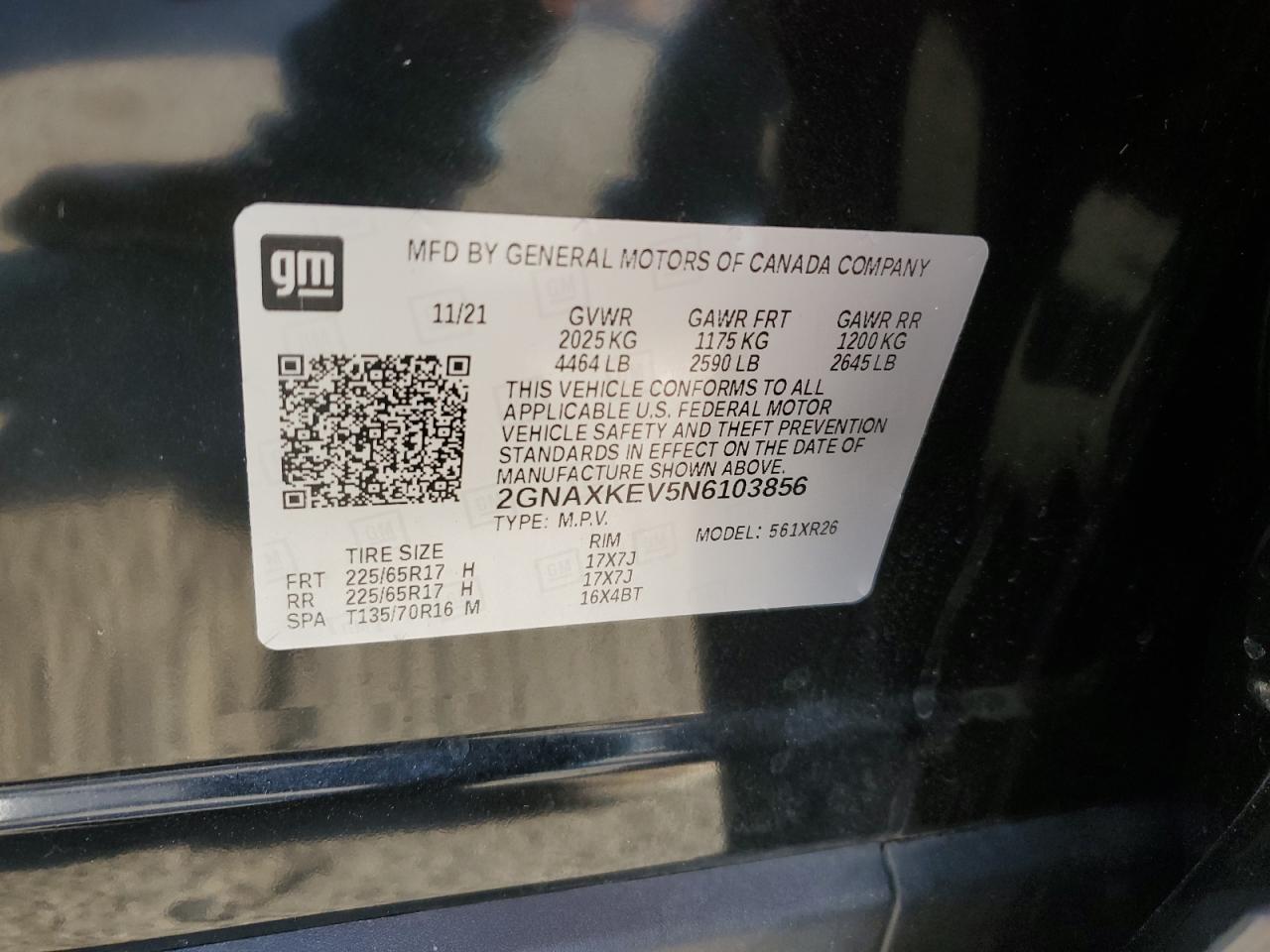 2022 Chevrolet Equinox VIN 2GNAXKEV5N6103856 Copart auction photo, front end damage thumbnail 13