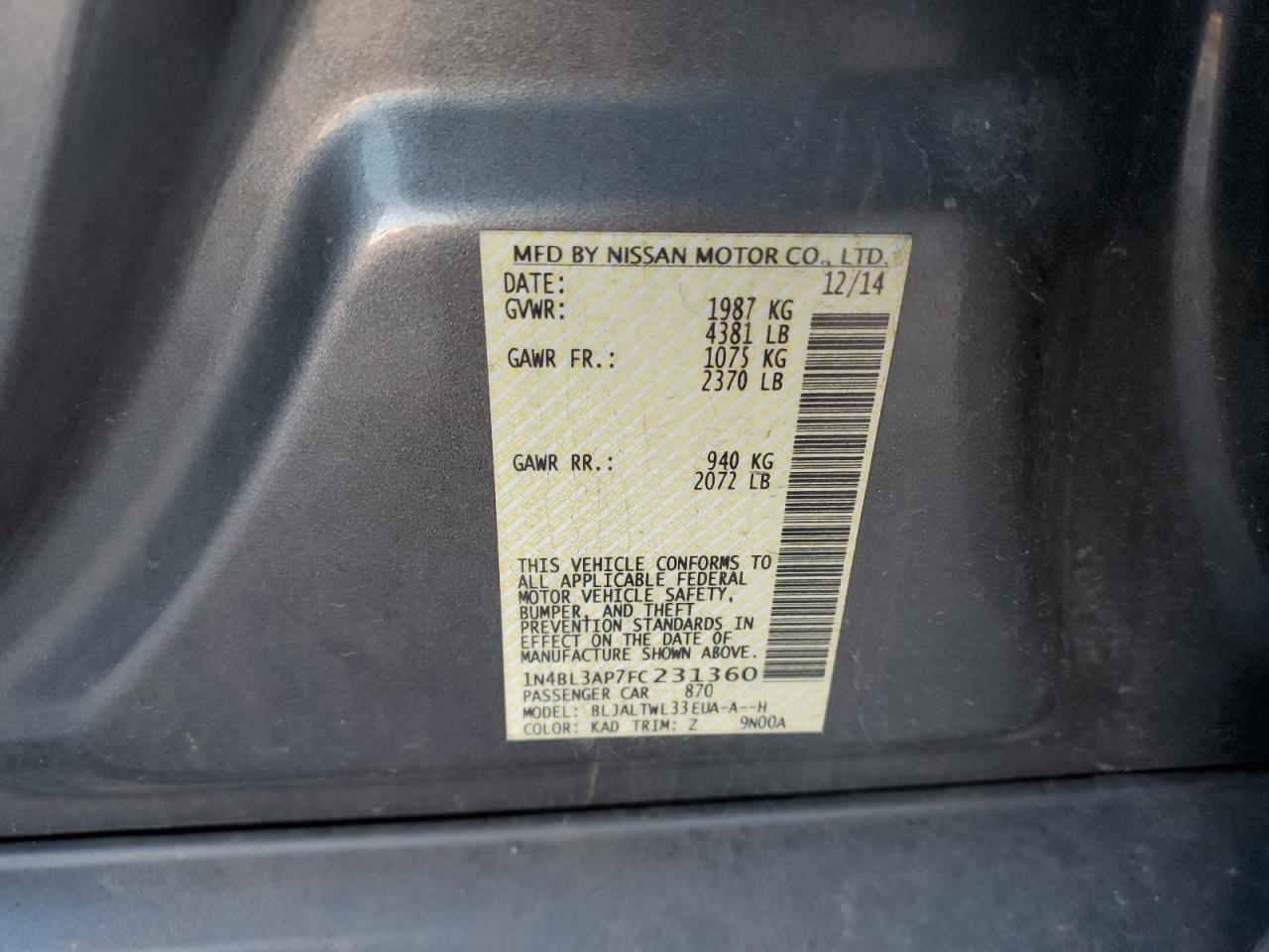 2015 Nissan Altima VIN 1N4BL3AP7FC231360 Copart auction photo, rear end / side damage thumbnail 12