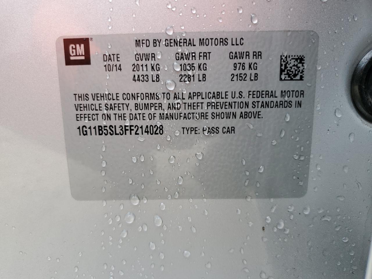 2015 Chevrolet Malibu VIN 1G11B5SL3FF214028 Copart auction photo, front end damage thumbnail 12