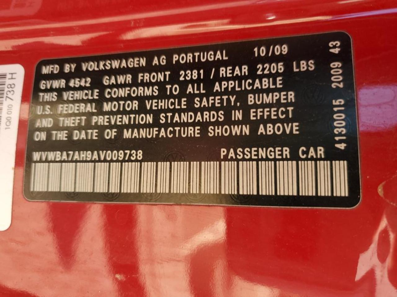 2010 Volkswagen Eos VIN WVWBA7AH9AV009738 Copart auction photo, front end / rear end damage thumbnail 15