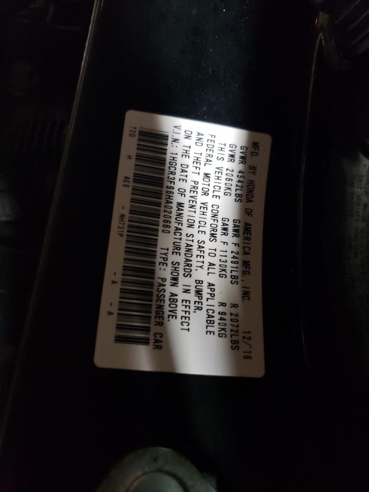 2017 Honda Accord VIN 1HGCR3F96HA020660 Copart auction photo, front end / minor dent/scratches damage thumbnail 12