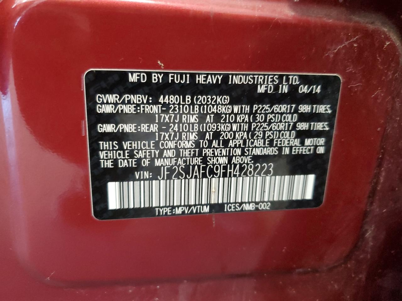 2015 Subaru Forester VIN JF2SJAFC9FH428223 Copart auction photo, all over damage thumbnail 13