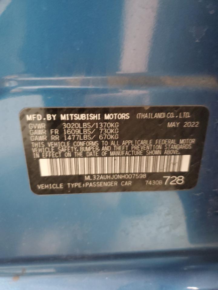 2022 Mitsubishi Mirage VIN ML32AUHJ0NH007598 Copart auction photo, rear end damage thumbnail 13
