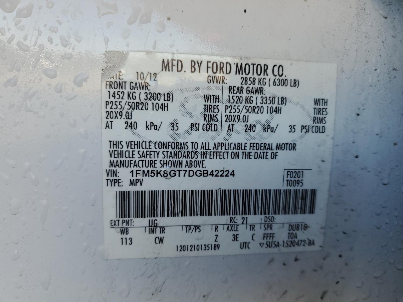 2013 Ford Explorer VIN 1FM5K8GT7DGB42224 Copart auction photo, front end damage thumbnail 13