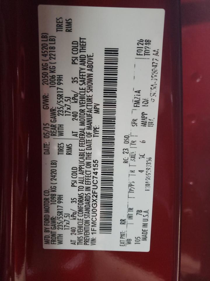 2015 Ford Escape VIN 1FMCU0GX2FUC74155 Copart auction photo, front end damage thumbnail 14