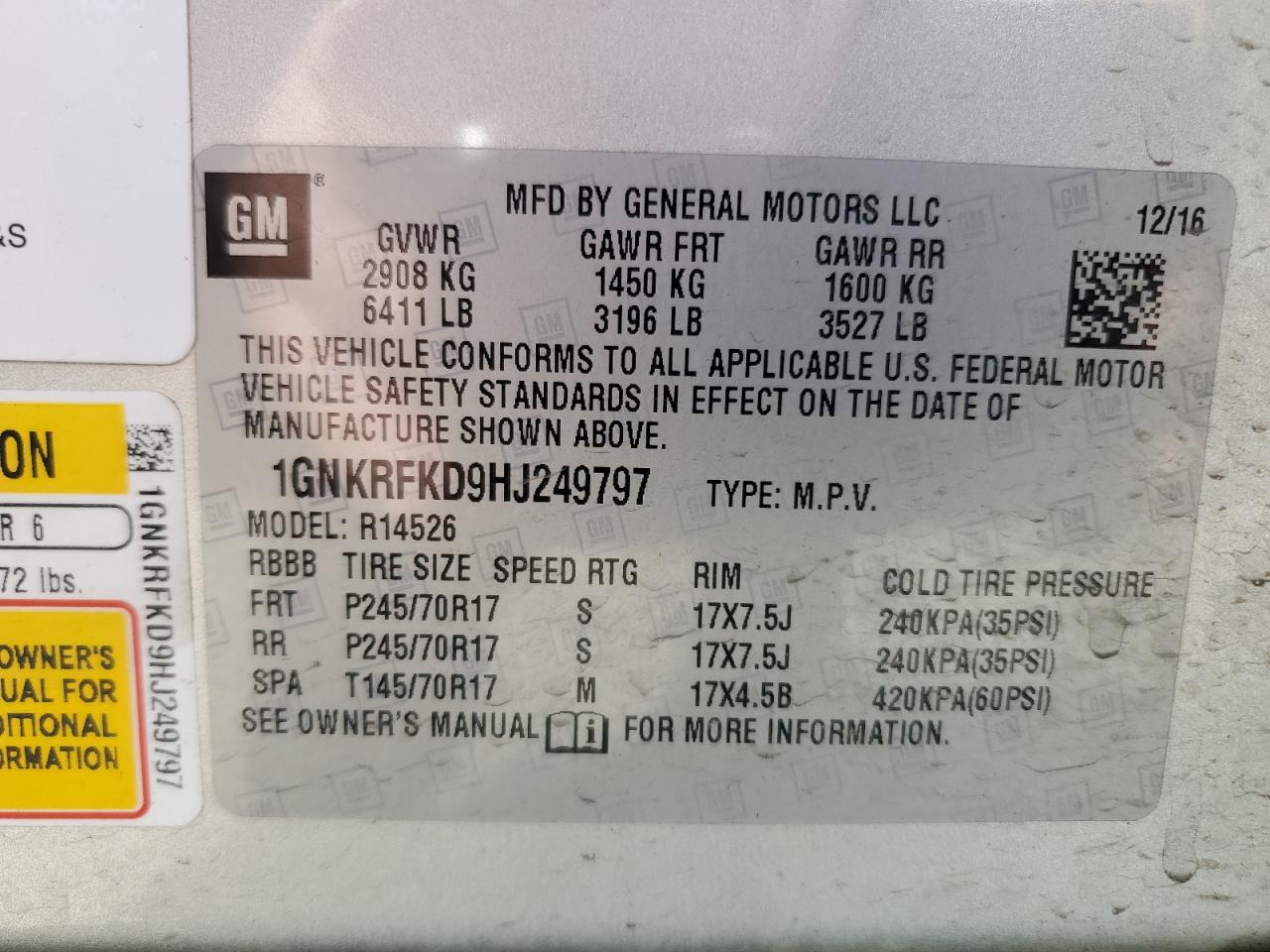 2017 Chevrolet Traverse VIN 1GNKRFKD9HJ249797 Copart auction photo, front end / rear end damage thumbnail 14